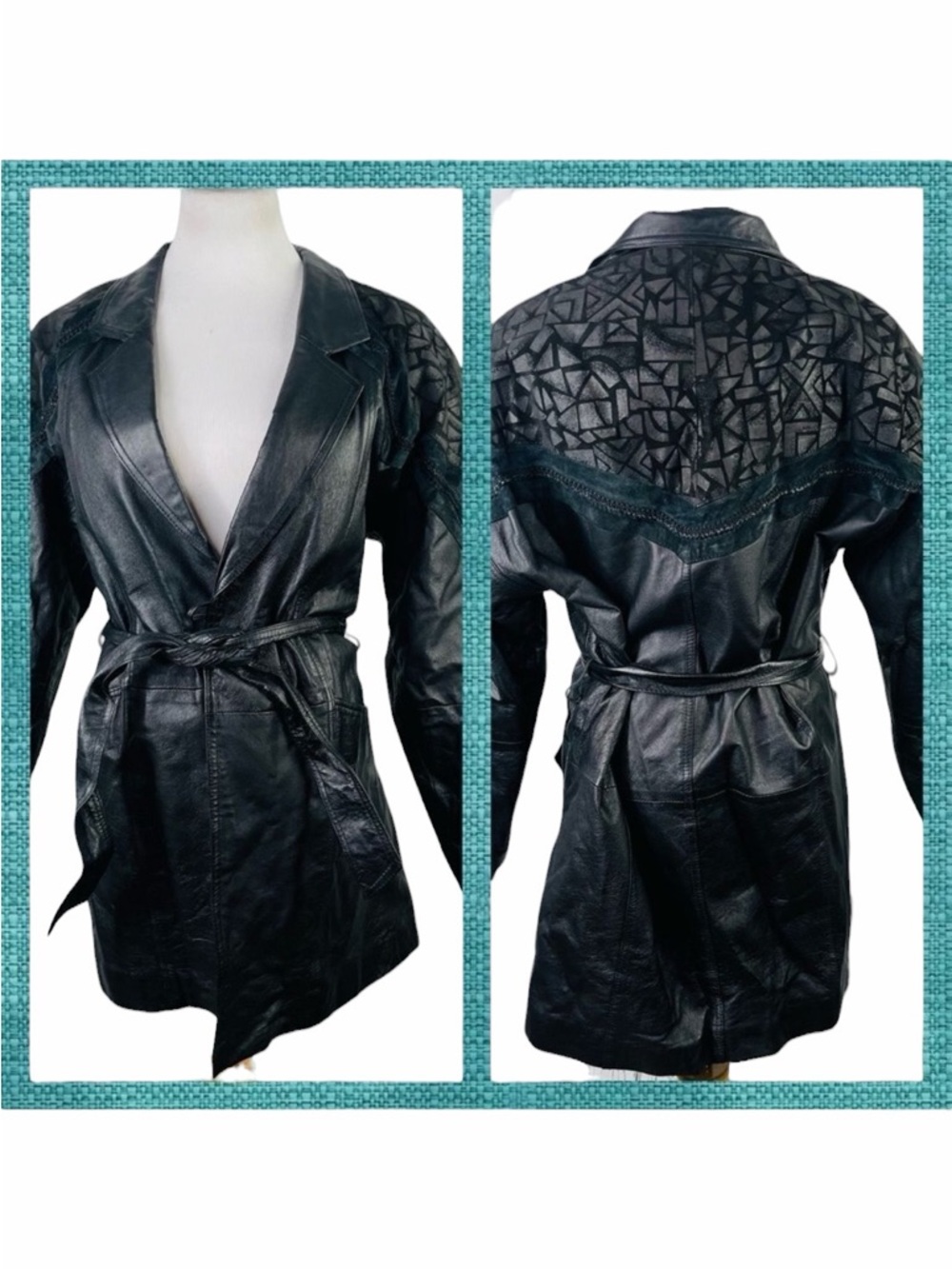 Vintage Margo's Black Textured Leather Belted Trench Coat - Size Small